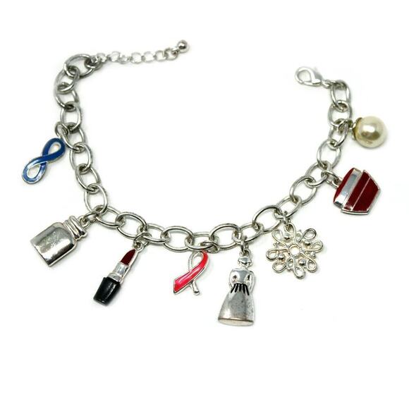 Vintage Souvenir Charm Bracelet Lipstick Snowflake Perfume Pearl 8.5" - Hey Viv - Picture 4 of 5